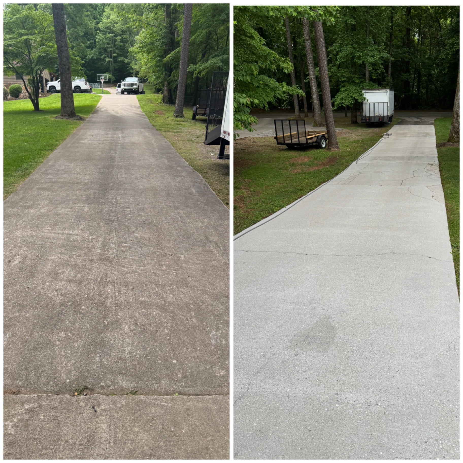 Power washing transforming a dirty driveway into a clean wet surface